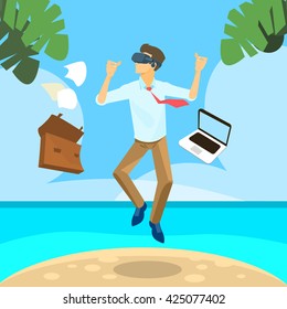 Business Man Wear Virtual Reality Digital Glasses Headset Over Beach Landscape Nature Background Summer Vacation Concept Flat Vector Illustration