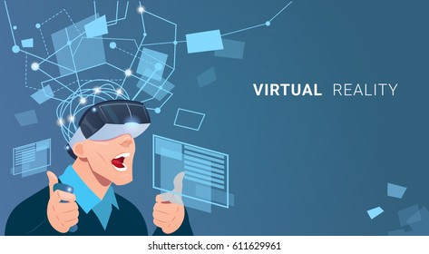 Business Man Wear Virtual Reality Digital Glasses Finance Graph Chart Interface Flat Vector Illustration