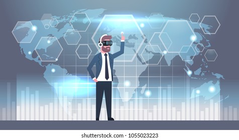 Business Man Wearing 3d Glasses Using Futuristic User Interface With World Map Background Virtual Reality Technology Concept