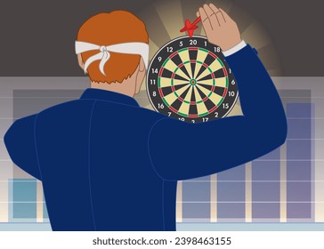 business man wearing blindfold throwing dart at dart board with bar graph on a dark background