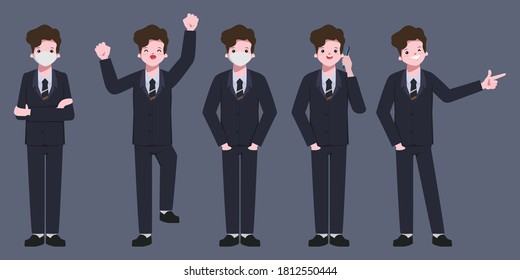 Business man wearing a face mask in job and new normal lifestyle character set. Fight to covid-19.