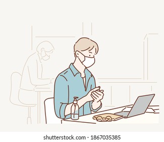 Business man wearing face mask in the office disinfecting hands because of Covid-19 and corona virus. Hand drawn style vector design illustrations.