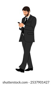 Business man wearing formal suit and tie standing, using phone. Vector flat illustration isolated on white background.