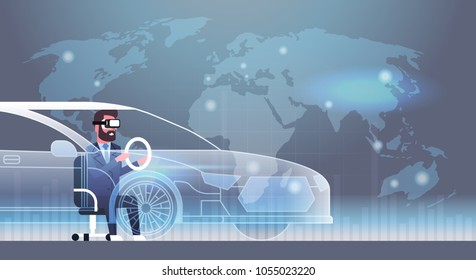 Business Man Wearing Modern 3d Glasses Driving Virtual Car Innovation Vr Headset Technology Concept