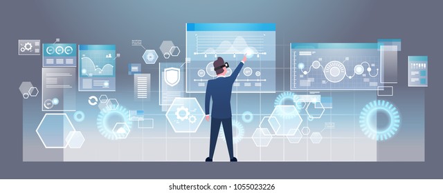 Business Man Wearing Modern 3d Glasses Using Futuristic User Interface Virtual Reality Technology Concept