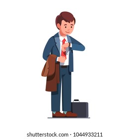 Business Man Wearing Necktie Suit And Holding A Coat Standing And Looking At Wrist Watch, Waiting. Smiling Corporate Business Person Character Wearing Stylish Clothes. Flat Style Vector Illustration