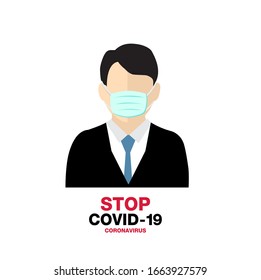 Business Man Wearing a Protective Mask to Protect Covid-19. vector illustration