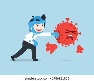 Business man Wears Boxers and Punches the Coronavirus Covid.
Protect and fight back.