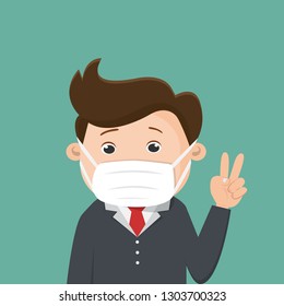 Business man wears a medical face mask. Vector illustration.