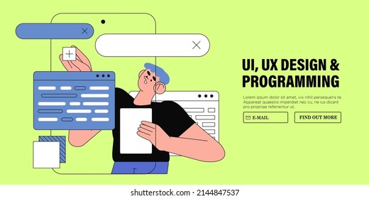 Business man, web designer, programmer. Freelancer work on web and ui application development, design or redesign on computer or device interface. Software developers. Flat style vector illustration.