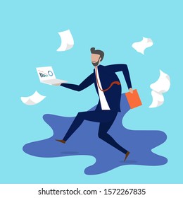 A business man while running in rush hour for his deadline working time. Business man holding a laptop and running in minimal design