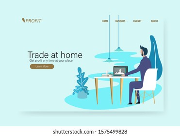 A business man while working on the laptop computer at home office in minimal blue design style with text trade at home in UI/UX landing page design 