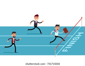 A business man who competes with other business people, successfully overcomes obstacles. Modern flat style vector illustration clipart.