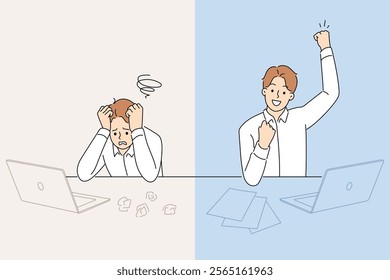 Business man who made mistake rejoices after correcting situation and completing task. Comparison depressed guy suffering because of mistake and successful colleague sitting with laptops at workplace