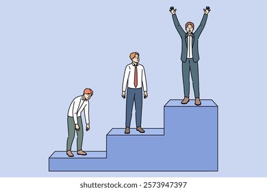 Business man who wins professional competition, standing at top of career ladder. Sad business employee experiencing stress due to falling behind competitors while moving up career ladder
