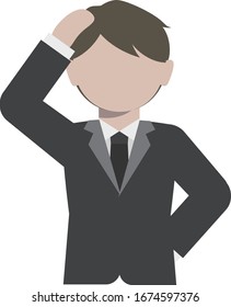 A business man whose his right hand is on his head.  