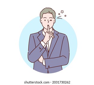 Business man winking and making silence or secret gesture with finger on lips. Expressing communication concept and gossip. Hand drawn in thin line style, vector illustrations.