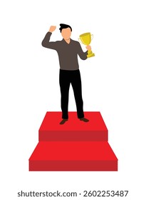 Business Man with a Winning Cup on Red Carpet Isolated on White. Success and winning competition concept vector art