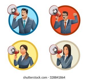 business man and woman advertise some information with megaphone. 