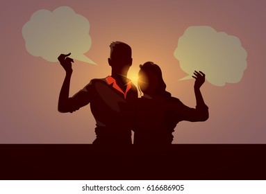 Business Man And Woman Black Silhouette Hold Cloud Chat Bubble Flat Vector Illustration