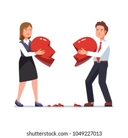 Business Man And Woman Breaking Heart Apart, Holding Shattered Pieces Standing Opposite To Each Other. Business Couple Divorce Break Up. Flat Style Isolated Vector Character Illustration