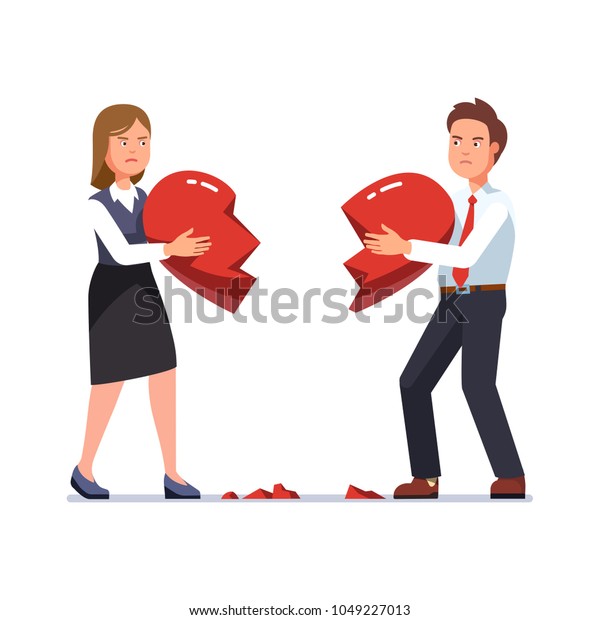Business man and woman breaking heart apart,\
holding shattered pieces standing opposite to each other. Business\
couple divorce break up. Flat style isolated vector character\
illustration