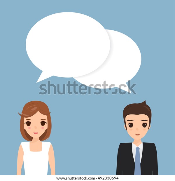 Business man and woman with bubble speech. Talking people vector design.