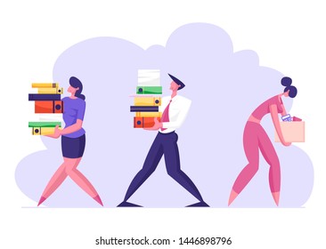 Business Man And Woman Carry Big Heap Of Documents Files. Fired Sad Businesswoman With Box Leaving Office, Company Employees At Work, Busy Day, Disorganized Manager. Cartoon Flat Vector Illustration