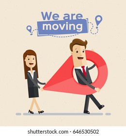 Business Man And Woman Carry A Large Map Pointer, Two Tags Show New Route On The Map. New Office Location. Relocation. Vector, Illustration, Flat