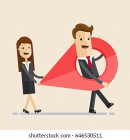 Business man and woman carry a large map pointer. New office location. Relocation. Vector, illustration, flat