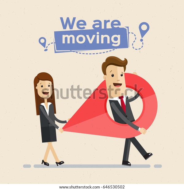Business man and woman carry a large map pointer,\
two tags show new route on the map. New office location.\
Relocation. Vector, illustration,\
flat