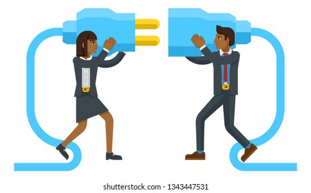 Business man and woman cartoon character mascots connecting two sides of a giant plug together.