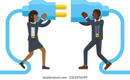 Business man and woman cartoon character mascots connecting two sides of a giant plug together.