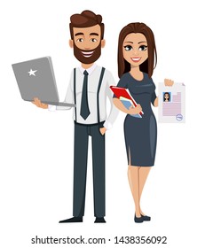 Business man and business woman cartoon characters. Handsome bearded businessman and beautiful cheerful businesswoman. Vector illustration