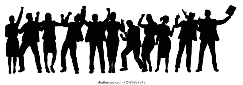 Business man and woman celebrating, people cheering carefree and excited silhouette, concept of business success