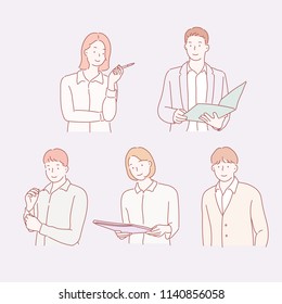 business man and woman character bust shot. hand drawn style vector design illustrations.