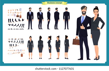 Business Man and woman character constructor with various views, hairstyles, poses and gestures. Front, side, back view. Cartoon style,  flat vector isolated.woman female illustration.