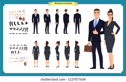 Business Man and woman character constructor with various views, hairstyles, poses and gestures. Front, side, back view. Cartoon style,  flat vector isolated.woman female illustration.