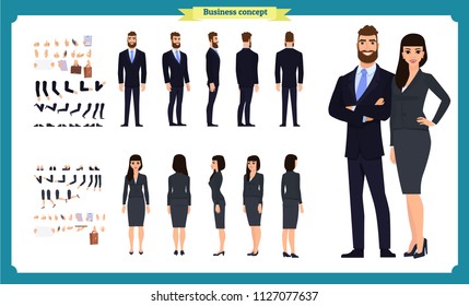 Business Man and woman character constructor with various views, hairstyles, poses and gestures. Front, side, back view. Cartoon style,  flat vector isolated.woman female illustration.