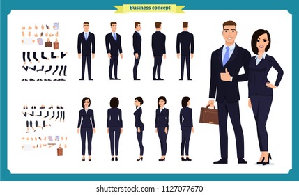 Business Man and woman character constructor with various views, hairstyles, poses and gestures. Front, side, back view. Cartoon style,  flat vector isolated.woman female illustration.