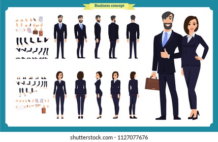 Business Man and woman character constructor with various views, hairstyles, poses and gestures. Front, side, back view. Cartoon style,  flat vector isolated.woman female illustration.