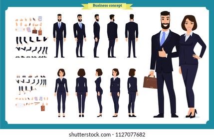 Business Man and woman character constructor with various views, hairstyles, poses and gestures. Front, side, back view. Cartoon style,  flat vector isolated.woman female illustration.