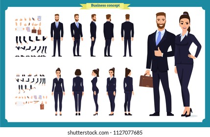 Business Man and woman character constructor with various views, hairstyles, poses and gestures. Front, side, back view. Cartoon style,  flat vector isolated.woman female illustration.