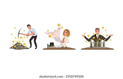 Business Man and Woman Character Extracting Cryptocurrency with Pickaxe Getting Golden Bitcoins Vector Set