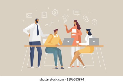 Business Man And Woman Character With Line Icon. Young People Brainstorming Around The Table. Teamwork In Coworking Space. Vector Illustration In Flat Design Style 