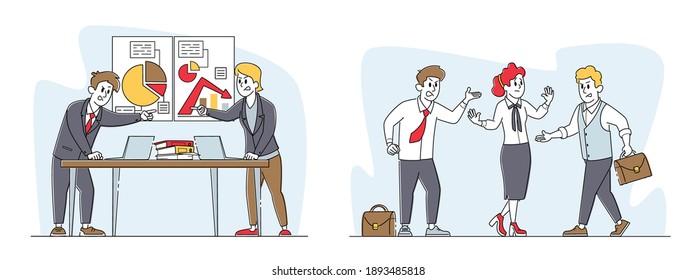Business Man and Woman Characters Opponents Arguing and Staring at Each Other in Office. Work Conflict Between Colleagues or Worker Employees, Fight for Leadership. Linear People Vector Illustration