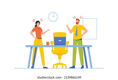 Business Man and Woman Characters Opponents Arguing and Staring at Each Other in Office. Work Conflict Between Colleagues or Worker Employees, Fight for Leadership. Cartoon People Vector Illustration