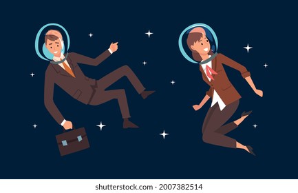 Business Man and Woman Characters in Suit and Astronaut Helmets Flying in Outer Space Among Stars Vector Set