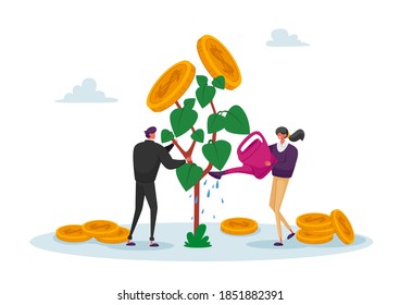 Business Man And Woman Characters Watering Money Tree, Growing Wealth Capital For Refund Care Of Plant With Gold Coins On Branch. Roi, Return On Investment Concept. Cartoon People Vector Illustration