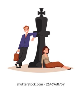Business man and woman with chess piece king, flat vector illustration isolated on white background. Concepts of strategy, career competition and teamwork.